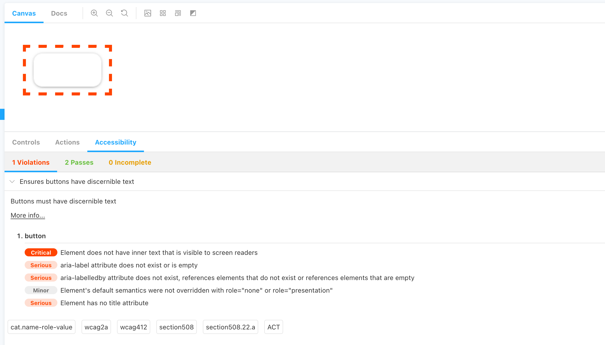 Una captura de pantalla de el addon "addon-a11y" de Storybook mostrando vulnerabilidades en un component de React, el cual está destacado y punteado en la pantalla