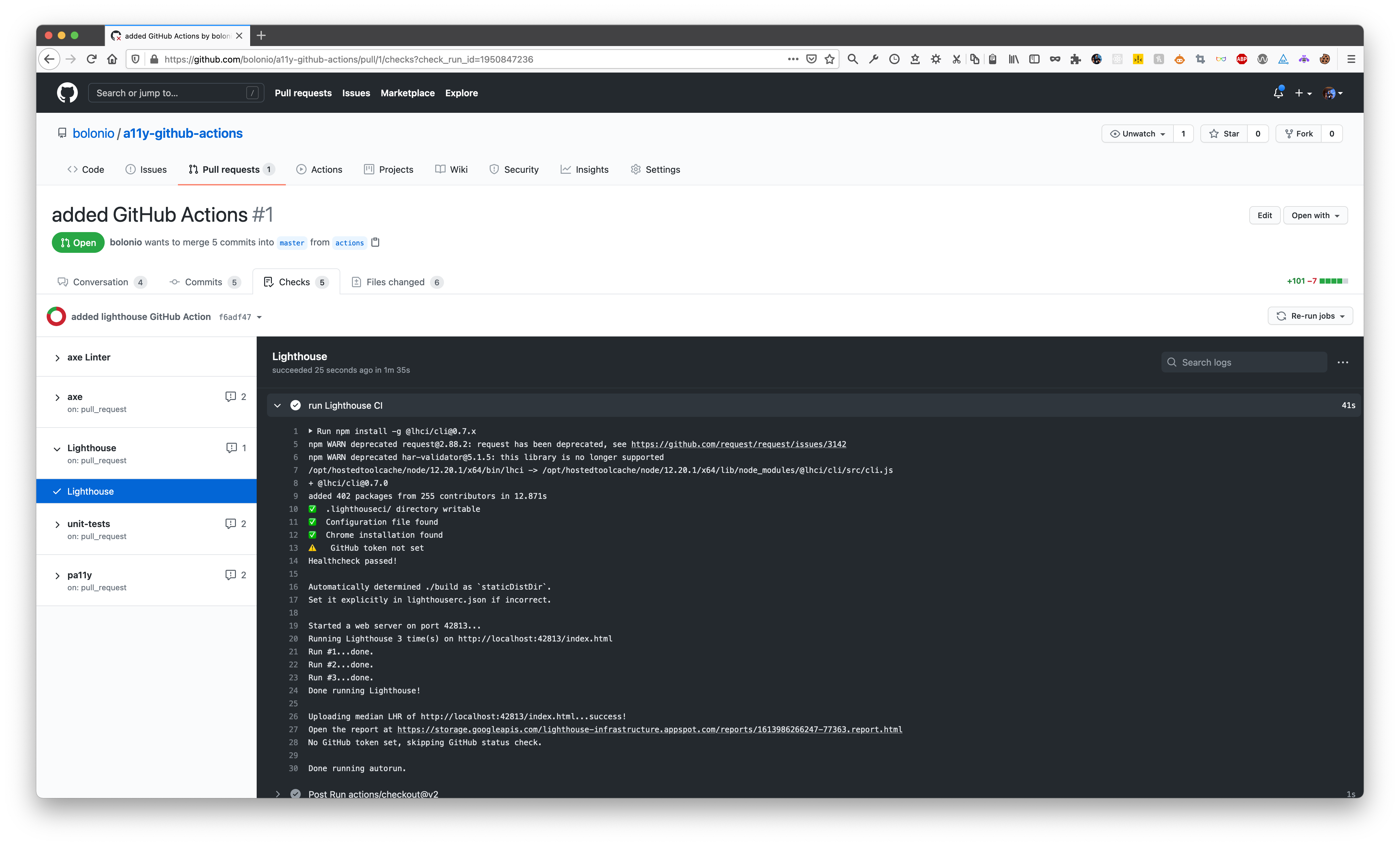 A screenshot of the details of a GitHub Action running on a Pull Request on GitHub