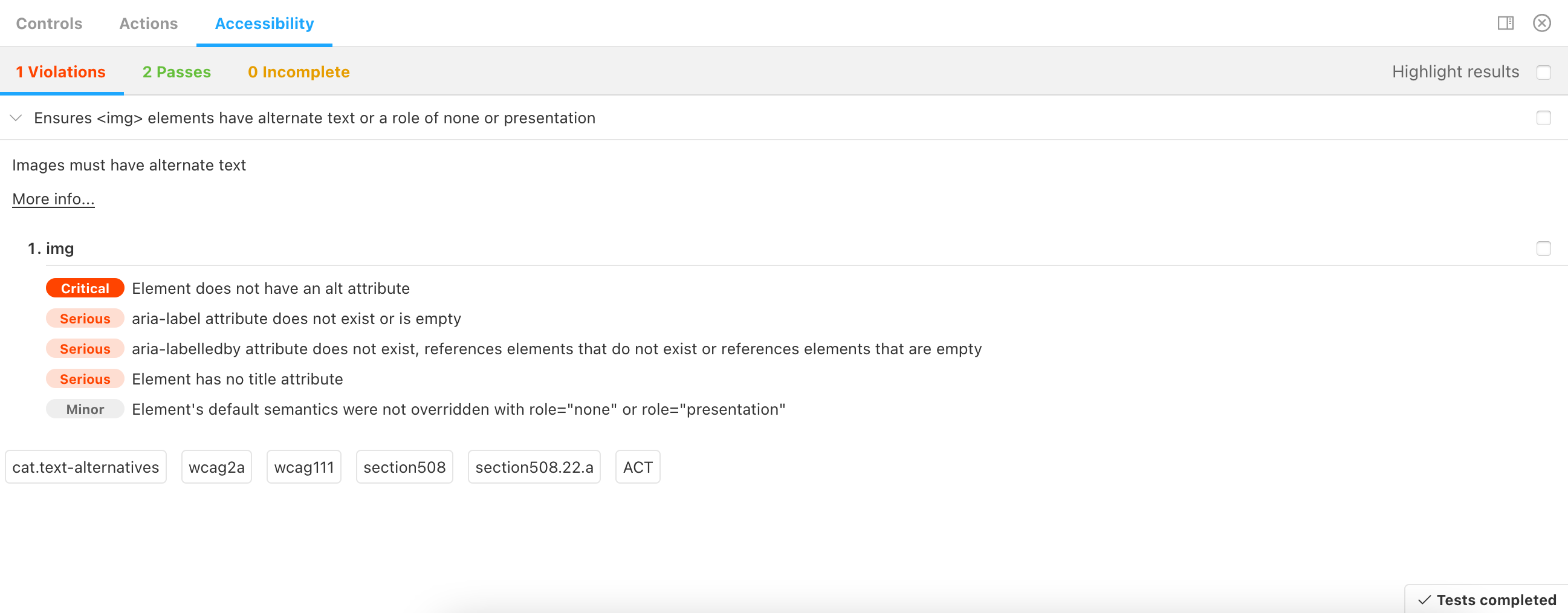A screenshot of the Storybook addon "addon-a11y" showing vulnerabilities in a React component