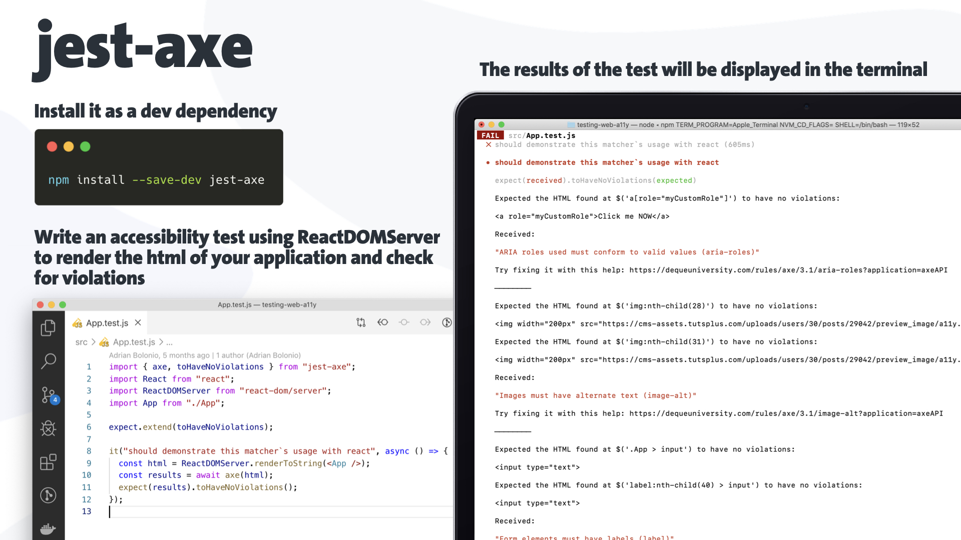 A slide of a presentation on how to use the tool jest-axe