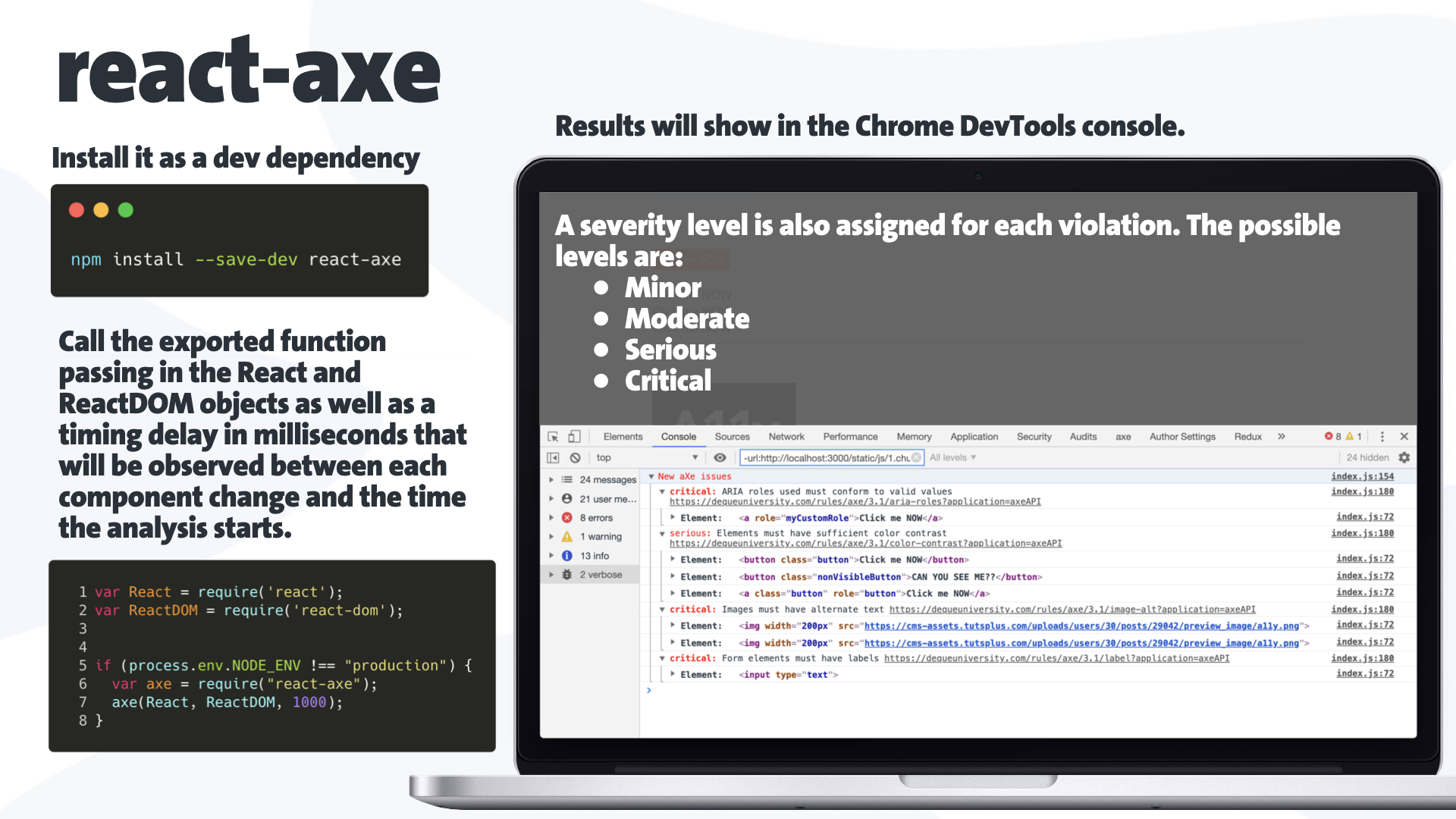 A slide of a presentation on how to use the tool react-axe