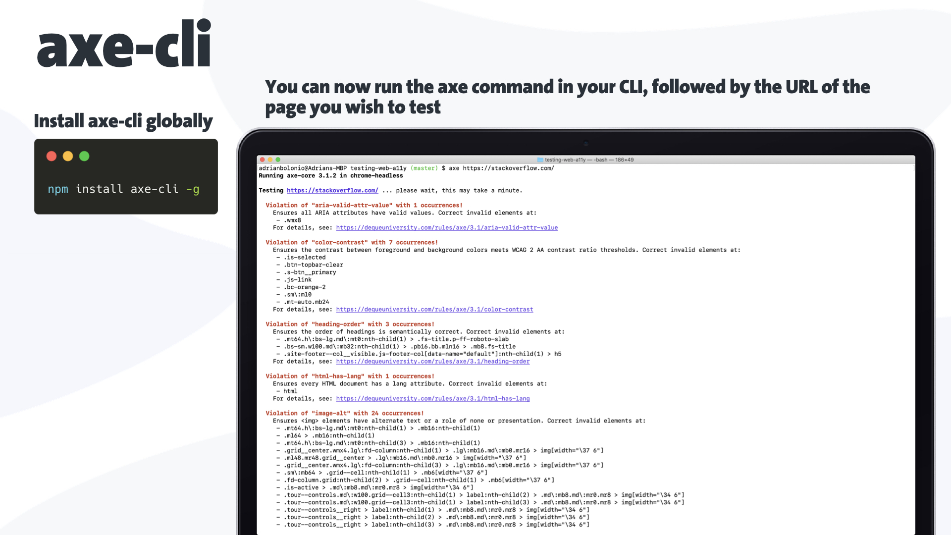 A slide of a presentation on how to use the tool @axe-core/cli